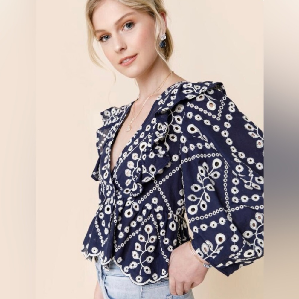 NWT Francesca’s Blue Tanya Eyelet Ruffle Blouse
